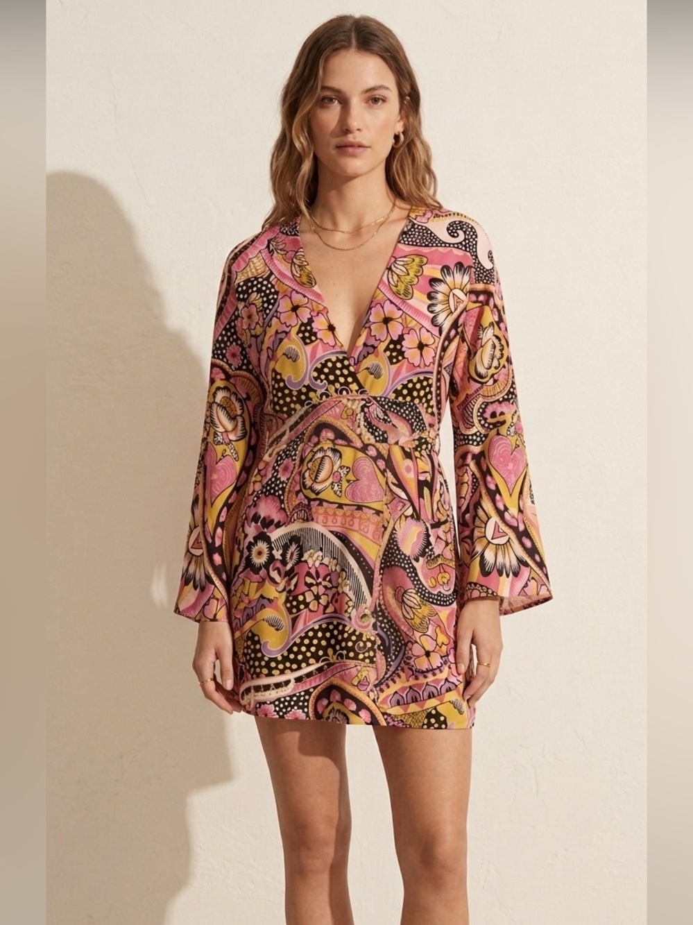 Zara Y2K Mod Floral Psychedelic Disco Bell Sleeve Mini Dress/Coverup Statement L